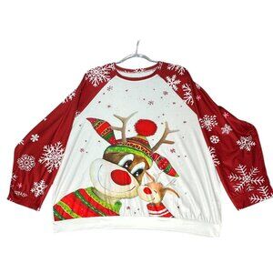Christmas Reindeer Dog Print Long Sleeve Top Womens Size 4XL Snowflake Red White